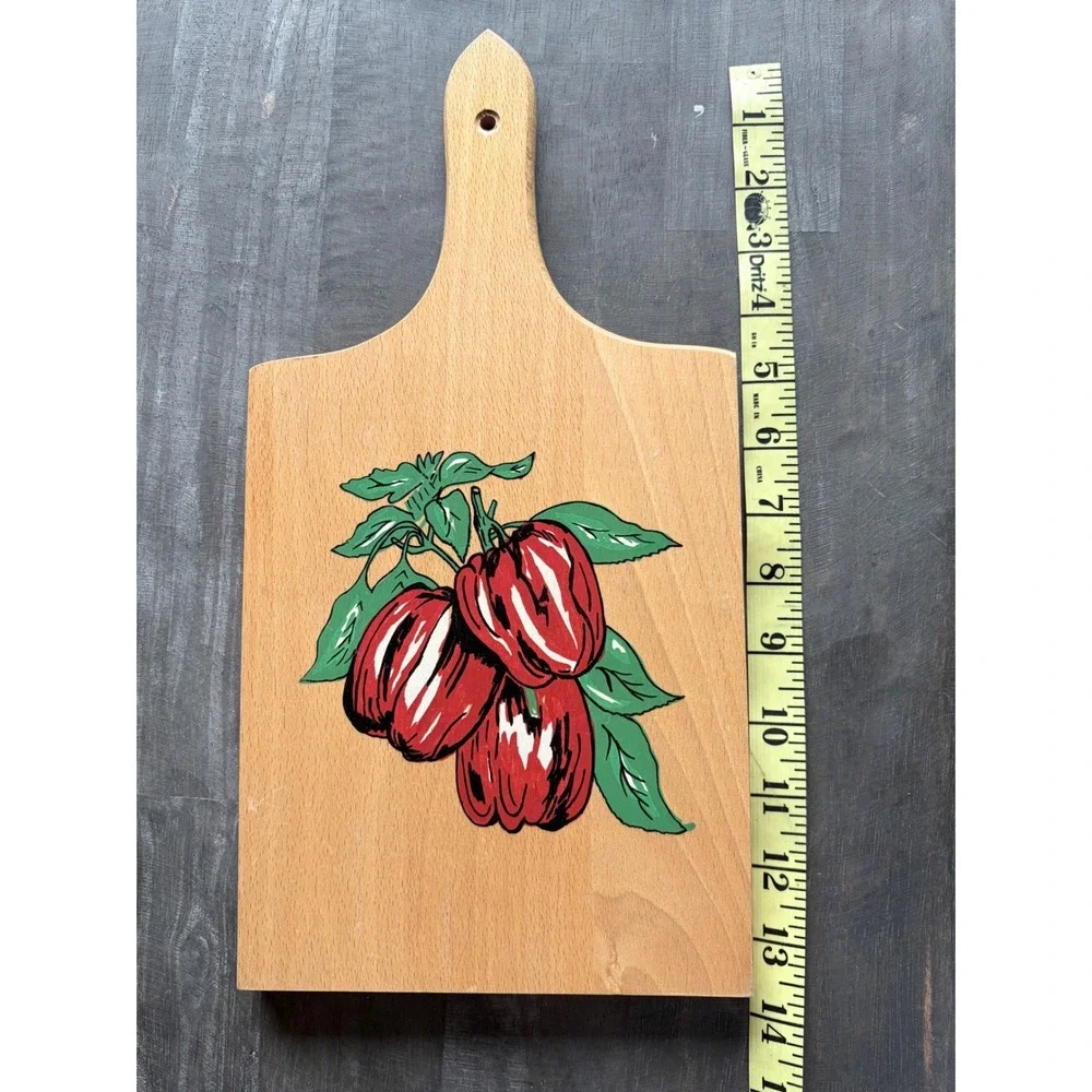 Vintage Wooden Cutting Board Hand Painted Red Bell Pepper Kitchen Decor Handle
